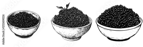 A sketch of seafood caviar in a tiny glass jar, displayed on a white background