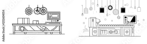 Conveyor assembly line depicted in outline. Concept of an automatic production line. Conveyor for industrial mass production. Modern-style illustration