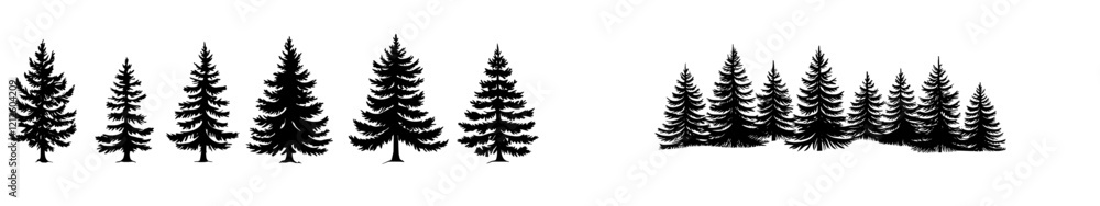 Modern illustrations of tree and forest silhouettes, suitable for designing your own nature-inspired composition Modern illustrations of tree and forest silhouettes, suitable for designing your own nature-inspired composition