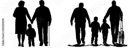 Family silhouettes: grandparents, father, mother, and three children from the back