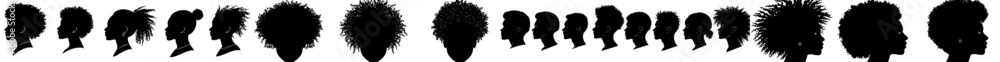 A collection of black female avatar silhouettes. Ink portraits of girls with trendy hairstyles from different nationalities for social media and modern personal accounts A collection of black female avatar silhouettes. Ink portraits of girls with trendy hairstyles from different nationalities for social media and modern personal accounts