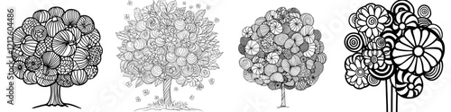 Happy Easter home decor topiary stock modern illustration in black and white. This topiary features eggs, flowers, and egg decorations, making it perfect for a coloring page suitable for both kids