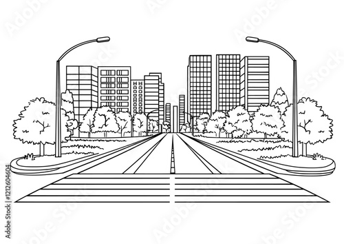 Aerial black and white sketch of a modern city street crossroad from above