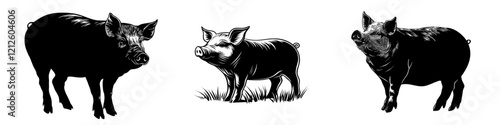 Contemporary pig outline viewed from the side. Pork animal symbol isolated on a white background. Pig farm