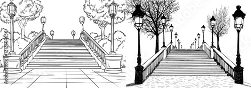 A modern sketch illustration of a black and white garden landscape featuring park stairs