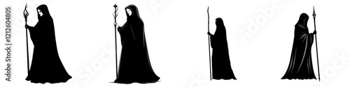 A modern illustration of a black silhouette on a white background, depicting a beautiful girl with long hair. She holds a long staff topped with a beast's skull and is dressed in a hooded raincoat