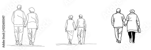 A modern illustration featuring an elderly couple in a continuous line art drawing, showing a senior man and woman strolling together, hand in hand, on a plain white background