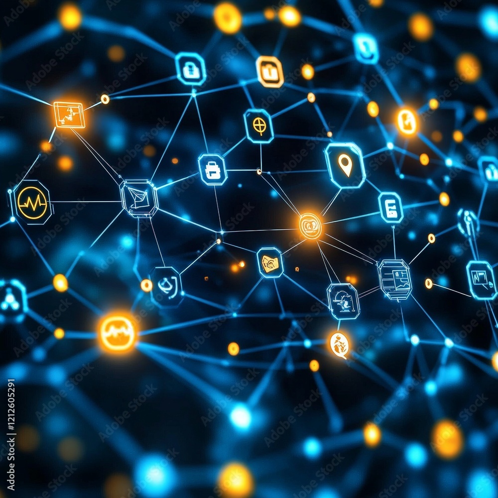 A glowing technology network visualization representing blockchain and AI connections. Perfect for technology blogs, presentations, and futuristic themes. A glowing technology network visualization representing blockchain and AI connections. Perfect for technology blogs, presentations, and futuristic themes.