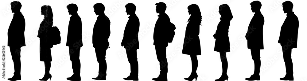 The shape of several individuals standing upright on a plain white background The shape of several individuals standing upright on a plain white background