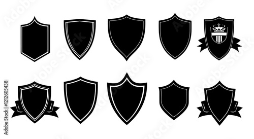 Black ribbons, badges, and winner rosettes depicted as graphic silhouettes. Isolated decorative ribbons for use in banners and flyers, ideal for business, competition, and education