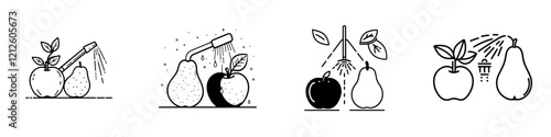 Rinse thoroughly prior to consuming, as indicated by the modern label. Icon of a water tap and fruits.