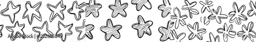 Black and white seamless pattern designed for coloring books in a doodle style, featuring polygons and stars