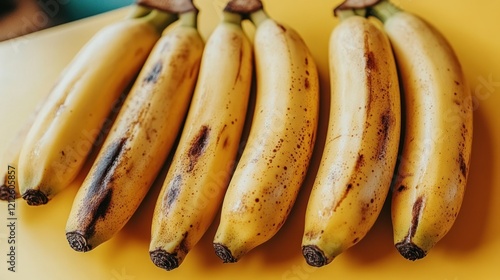 Ripe bananas on yellow surface, kitchen background, food photography photo