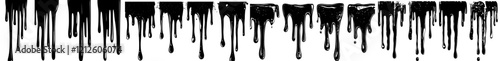 Horizontal black seamless stains with dripping patterns, leaking silhouettes of liquid, melting paints, and flowing black ink drops in isolated graphics