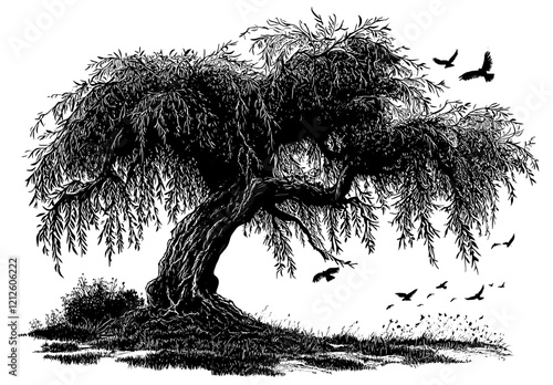 The growth of a tree silhouette depicted in a handdrawn ink sketch with a modern black and white outline