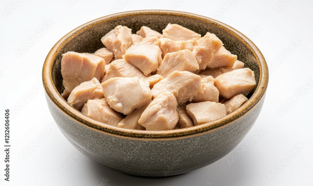 Close-up view of diced chicken in bowl on white background Close-up view of diced chicken in bowl on white background