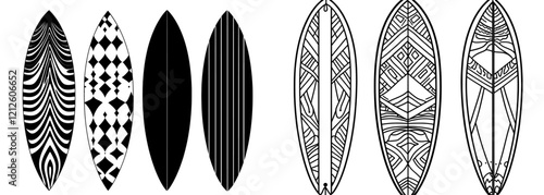 Isolated modern surfboard set depicted in black and white as a sketch illustration