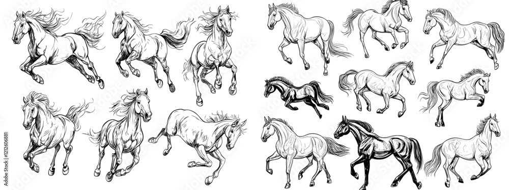 Retro illustration of a wild horse race, showcasing a hand-drawn mustang or mare in vintage art style. Retro illustration of a wild horse race, showcasing a hand-drawn mustang or mare in vintage art style.