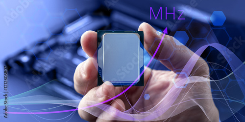 Hand holding microprocessor, featuring stylized MHz frequency indicator and visualized waves, symbolizing processing speed and performance. high-speed processors, IT system optimization photo