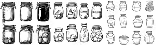 A hand-drawn set of glass jar icons in a simple doodle style, with black icons on a white background. The collection includes jar illustrations, clipart doodles, container sketches, mason jars, and