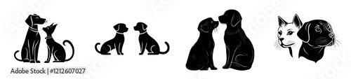 Black silhouettes of a cat and a dog sitting with their backs to each other on a white background, rendered in a flat modern style