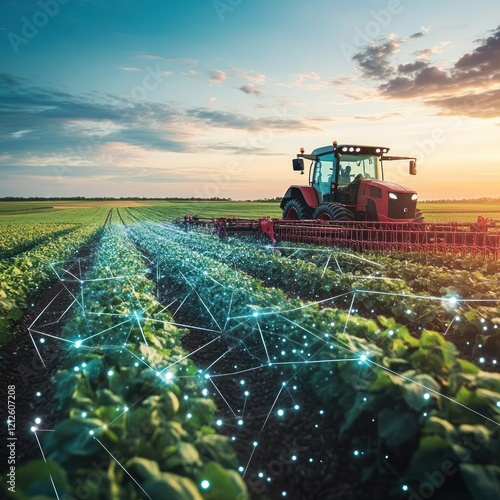 Smart farming technology tractor working in a field at sunset with digital network overlay.