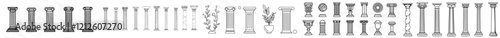Greek pillars and Roman columns, ancient architecture and antique buildings, modern icons. Greece or Rome architecture with marble stone columns and pillars in line art, featuring pilasters and
