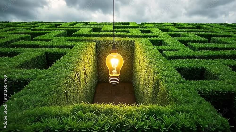 custom made wallpaper toronto digitalMaze with a glowing lightbulb in the center, symbolizing creative problem-solving, innovation, and finding solutions in complex situations.