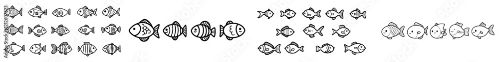 A collection of hand-drawn fish doodles depicting sea life from the underwater world. A collection of hand-drawn fish doodles depicting sea life from the underwater world.