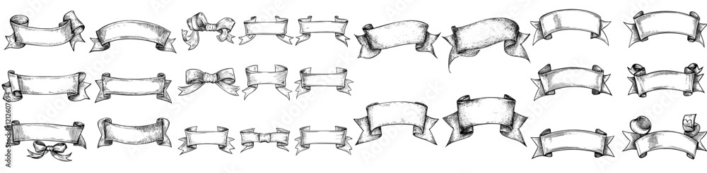 Modern sketches of ribbons, banners, flags, and old paper scrolls, including vintage wavy ribbons, royal pennants, flags, heraldic streamers, parchment scrolls, and antique manuscript drawings.