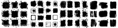 Black ink spray frames in a modern set, featuring splatter and splash borders with stencil paint graffiti and trafarets shapes, all in monochrome, resembling street art grunge stamps, isolated on a