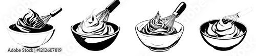 Whipping cream with a whisk for cooking and food preparation, depicted as a modern icon. Manually whisking cream in a bowl using a whisk, representing bakery kitchenware or a patisserie utensil for