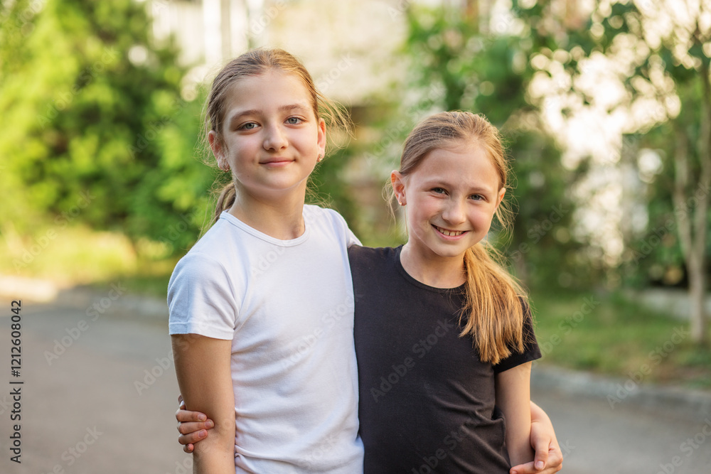 Obraz premium Two tween girls smiling and posing together while enjoying sunny outdoor moment