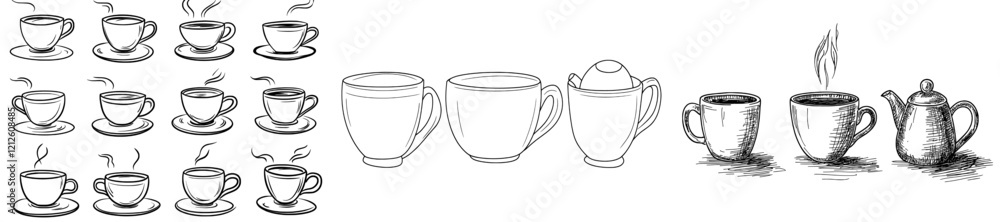 A set of hand-drawn hot beverages, featuring doodled coffee cups on a white background, including coffee, tea, cappuccino, espresso, latte, americano, and hot chocolate. A set of hand-drawn hot beverages, featuring doodled coffee cups on a white background, including coffee, tea, cappuccino, espresso, latte, americano, and hot chocolate.