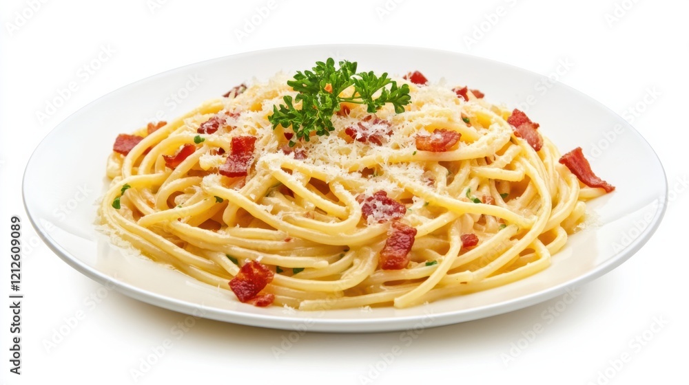 A plate of spaghetti carbonara with crispy bacon, creamy egg sauce, and grated Parmesan cheese A plate of spaghetti carbonara with crispy bacon, creamy egg sauce, and grated Parmesan cheese