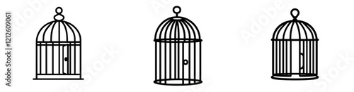 Open cage line doodle icon representing the concept of freedom. Flat style, isolated on white.