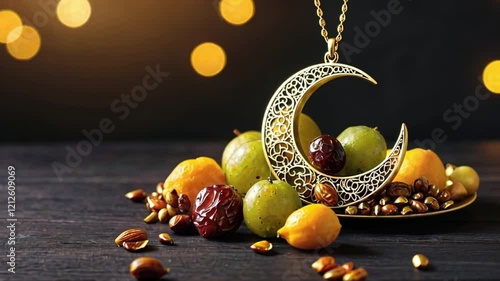 Cinematic golden ramadan moon decor with Islamic rosary beads and dates fruit