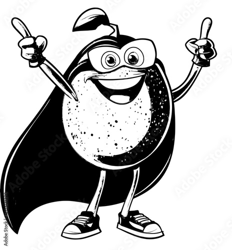 A groovy vitamin H cartoon superhero points his finger. This funny, modern Biotin capsule character is on guard for health. A strong nutrient bubble comic book hero in a mask and cape.