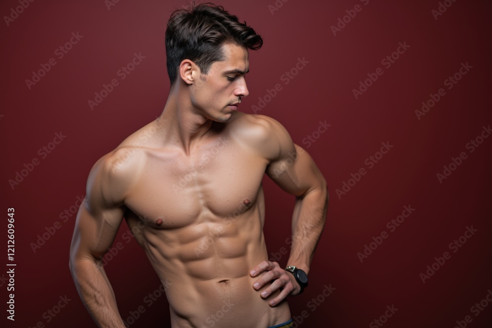 Naklejka premium Muscular Male Model Posing Stylishly Against a Dark Red Background in a Fitness-Themed Photoshoot for Health and Wellness Promotions