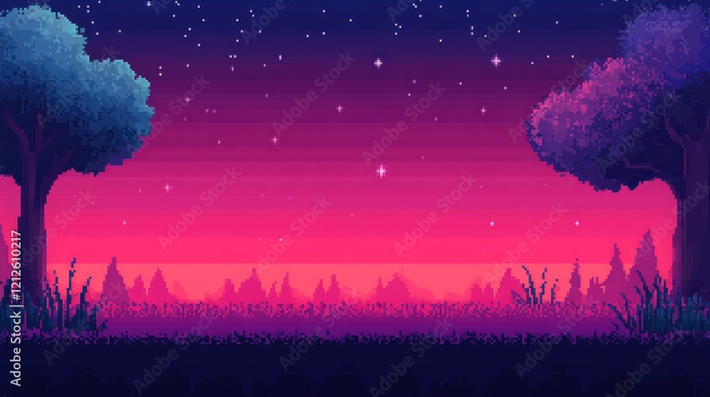 Naklejka premium Pixel art sunset landscape, trees, starry night, game background
