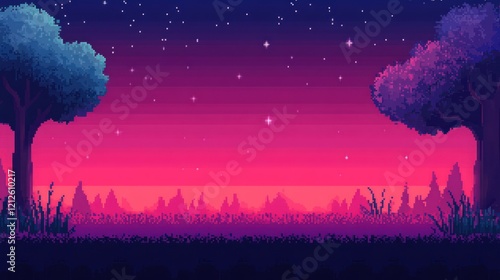 Pixel art sunset landscape, trees, starry night, game background