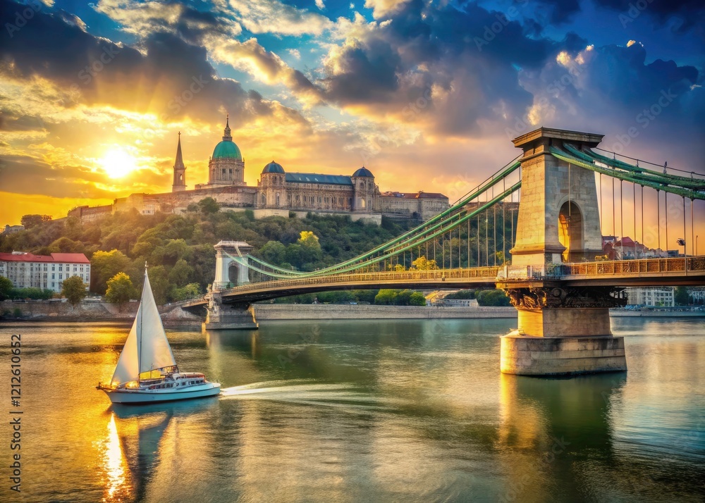 Obraz premium Budapest sunrise: Sail past Chain Bridge, Buda Castle's majestic silhouette.