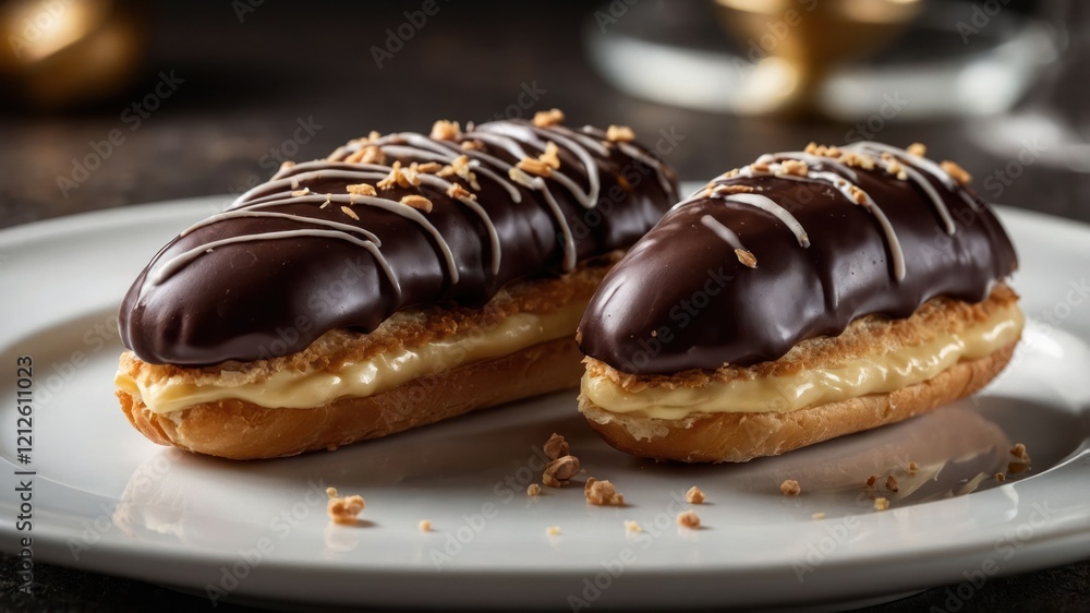 Two chocolate-covered pastries with creamy filling, garnished with nuts and drizzled icing. Two chocolate-covered pastries with creamy filling, garnished with nuts and drizzled icing.