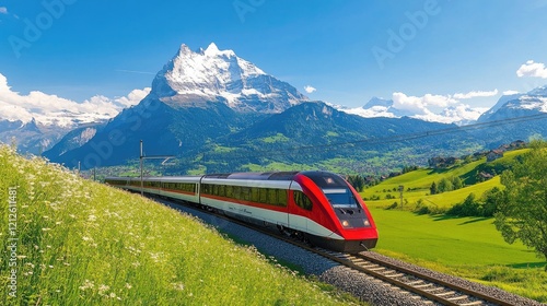 A sleek high-speed train gliding along a scenic landscape, with mountains in the background and green fields, showcasing the beauty of modern rail travel.