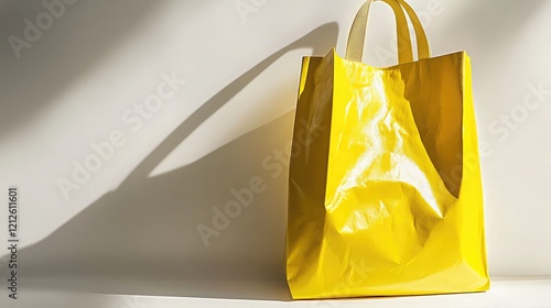 A yellow bag caught in the sun in a room with gray walls photo