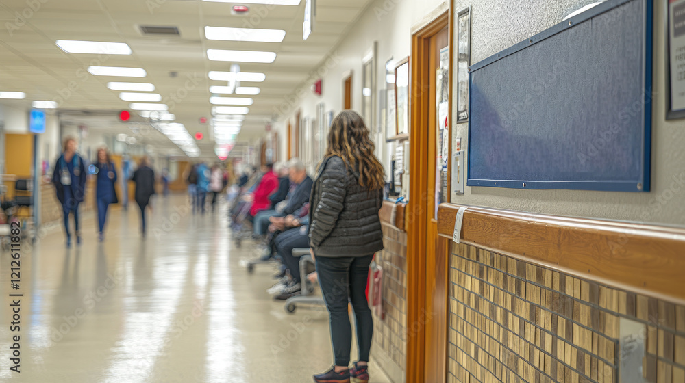 Fototapeta premium Hospital Corridor: Patients Waiting, Healthcare Interior