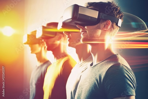 Group of Men Experiencing Virtual Reality with Headsets in Futuristic Setting photo