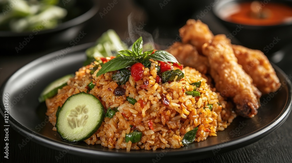 A steaming plate of spicy basil fried rice served with crispy fried chicken on the side, beautifully garnished with cucumber and lime, showcasing a delightful fusion of flavors. A steaming plate of spicy basil fried rice served with crispy fried chicken on the side, beautifully garnished with cucumber and lime, showcasing a delightful fusion of flavors.