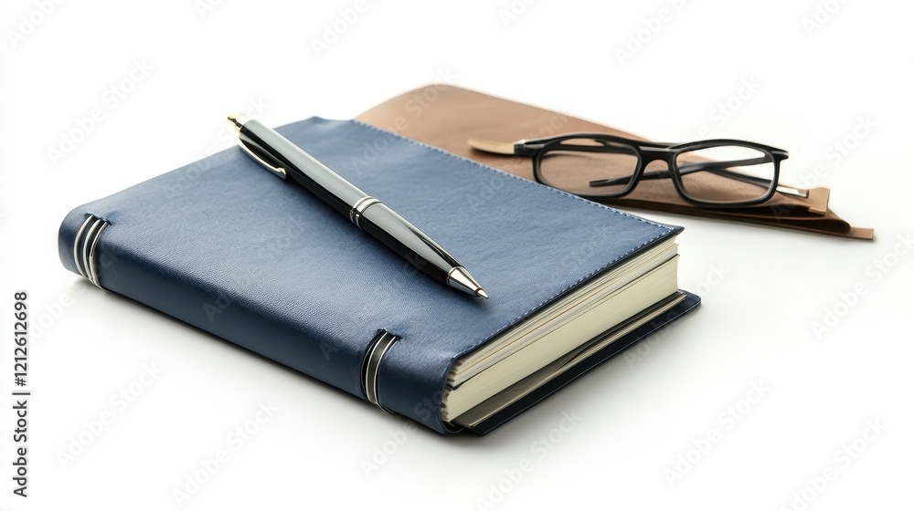 Elegant Blue Notebook with Pen and Glasses Elegant Blue Notebook with Pen and Glasses
