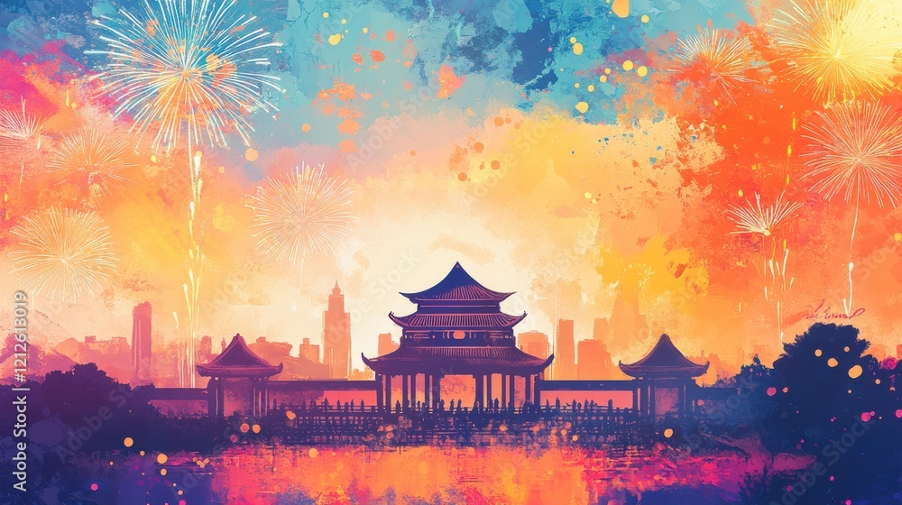 Fototapeta premium Chinese New Year Fireworks Display Over Traditional Temple, Vibrant Sky, Artistic Representation, Night Scene